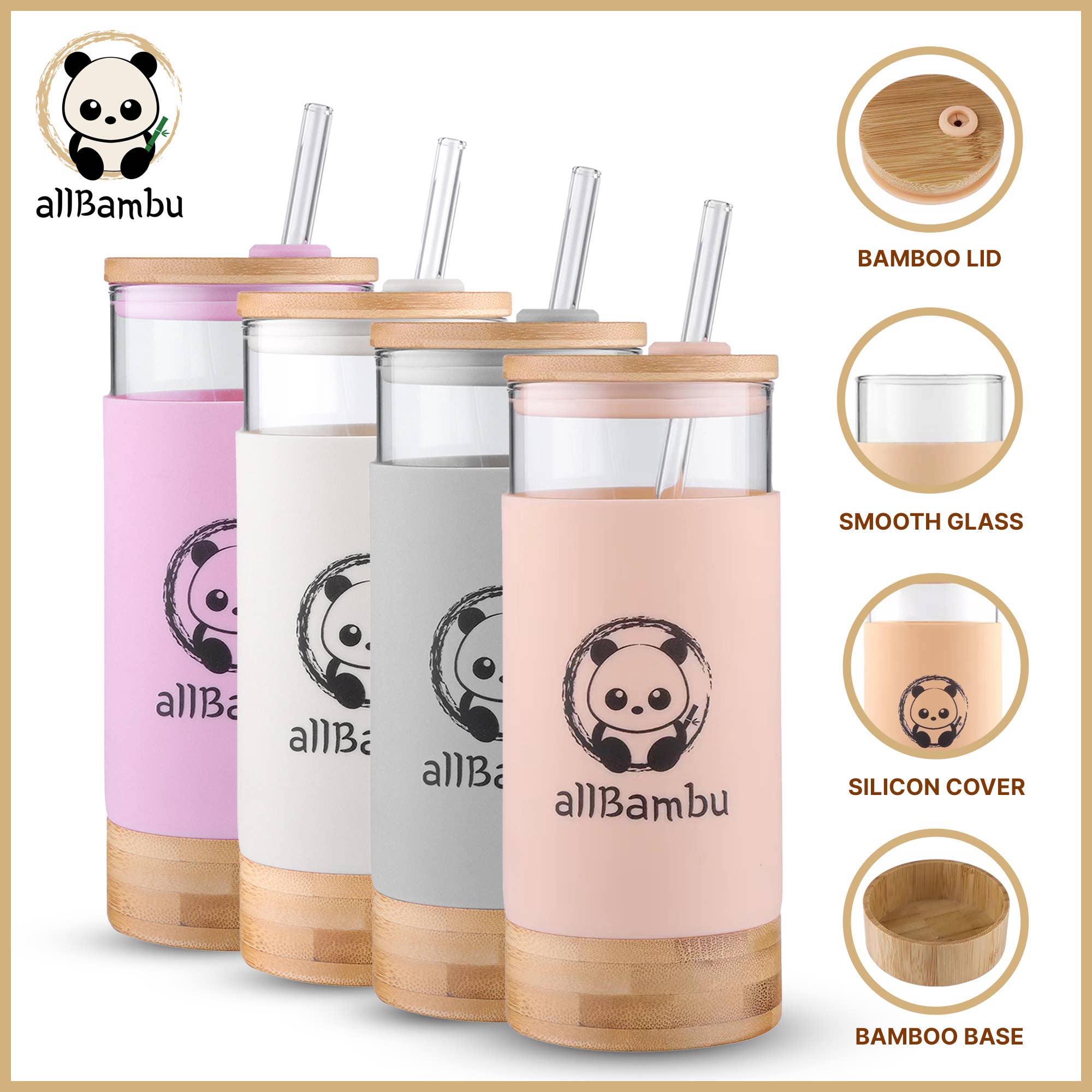 allBambu Inc - Wholesale Drinking Glass/Cup - Glass Tumbler, Glass Coffee Cup with Bamboo Lid & Straw 20oz1