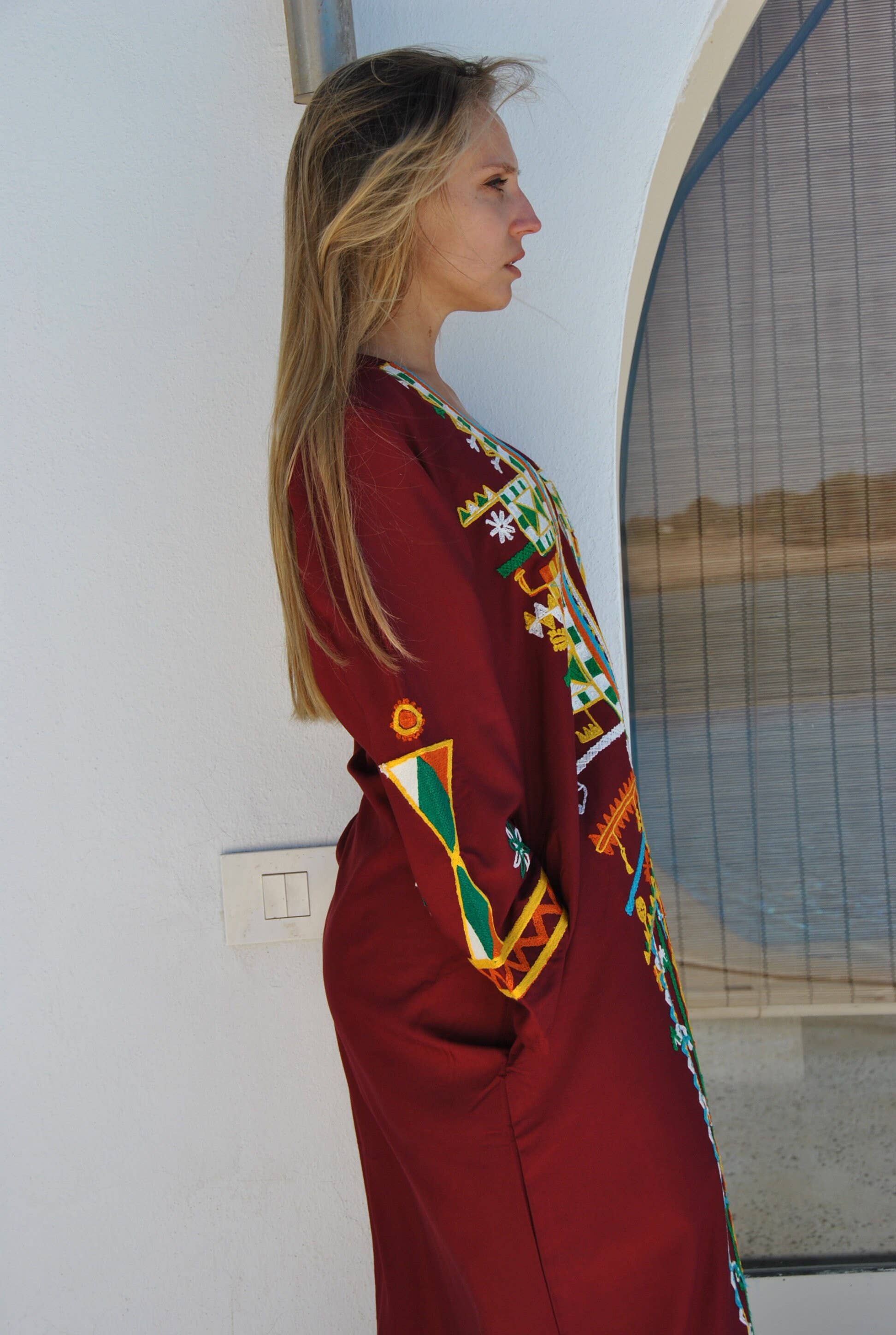 Gipci - Wholesale Kaftan - Women's - Siwa Burgundy Embroidered Cotton Caftan with Pocket2