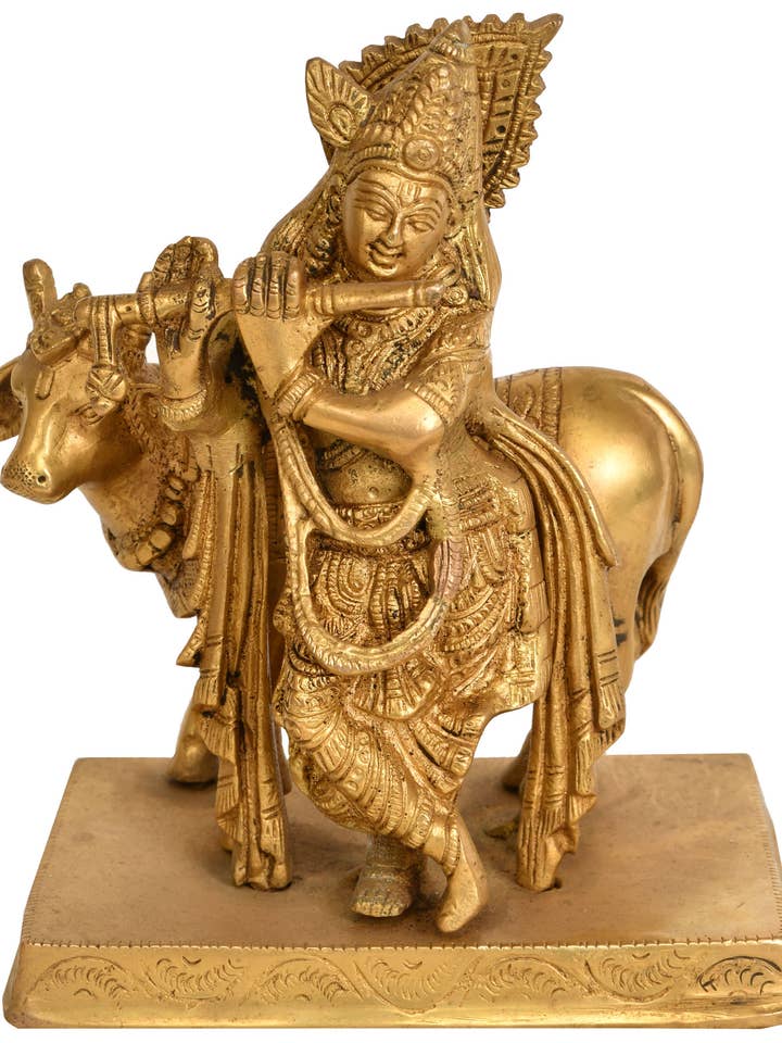 6-Zoll-Lord-Krishna-Statue aus Messing mit seiner Kuh | Handgefertigt für den Großhandel von Exotic India Art