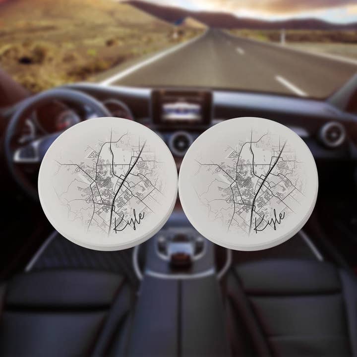 Love Local - Wholesale Car Coaster - Unisex - Minimalistic B&W Texas Kyle Circle Map | Absorbent Car Coasters | Set of 2 | Min 48