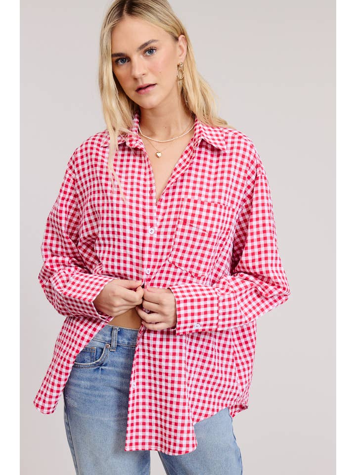Mimosa - Wholesale Button Down Shirt - Women's - Oversized Gingham Button Down Shirt