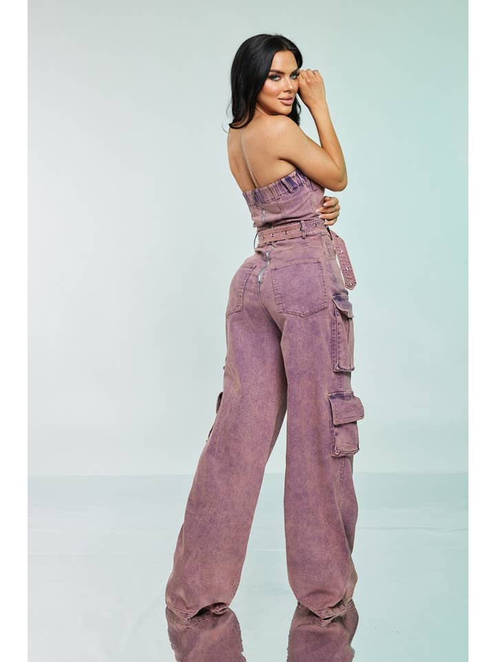 Pink Acid-Wash Cargo Jumpsuit Spandex for wholesale on Faire1
