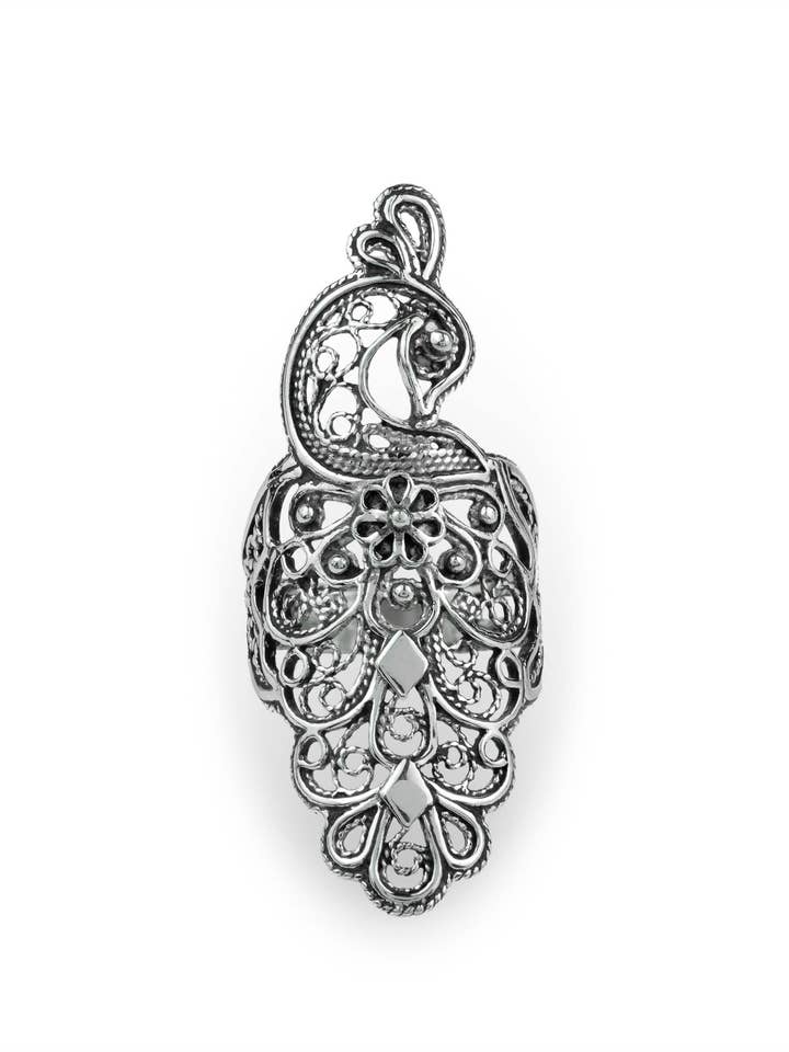 Anel de Declaração Feminino Prateado com Figura de Pavão Artístico por atacado de Filigranist Jewelry