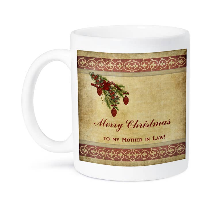 3dRose – wholesale Coffee mug – 3dRose, Christmas Tree Decorated Branch With Red Ornaments, Flowers, and Ribbons, To My Mother in Law, Mug8