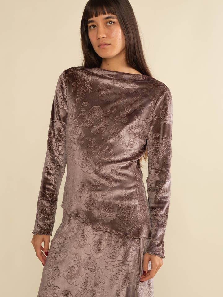 Taupe Jemma Velvet Floral Hem Boat Neck Top - Plus Size for wholesale on Faire
