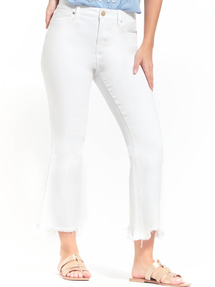 27" Luxe Demi Boot Jean w/ Sharkbite Hem in White for wholesale by 1822 Denim
