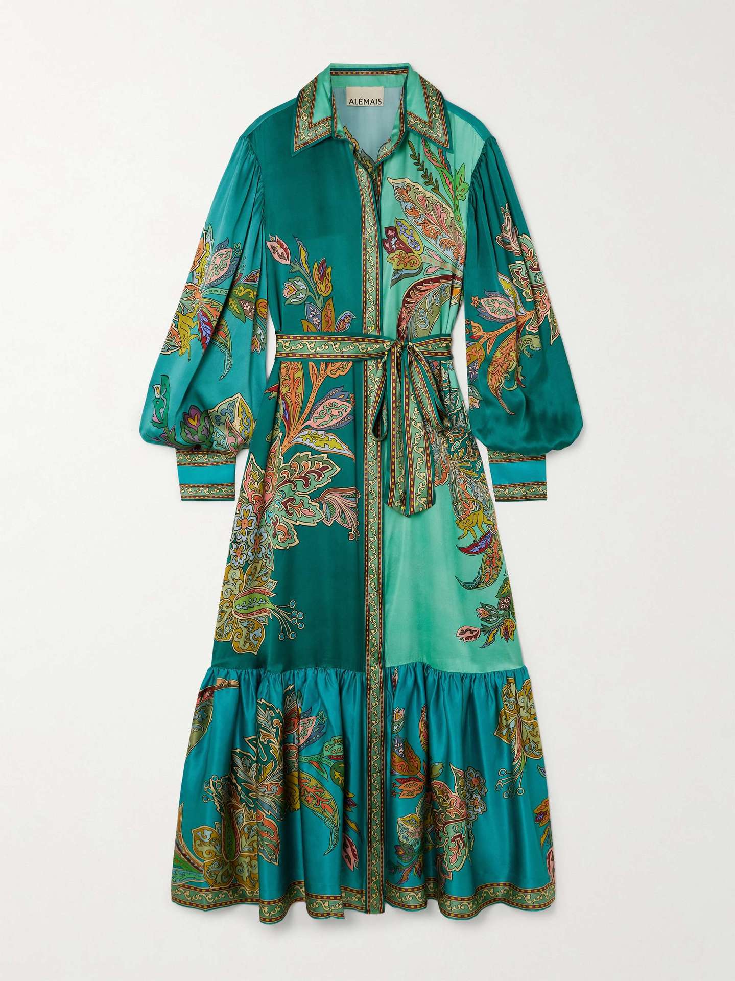PEACOCKGREEN VINTAGE PRINT DRESS WITH LAPEL LANTERN SLEEVES for wholesale on Faire4