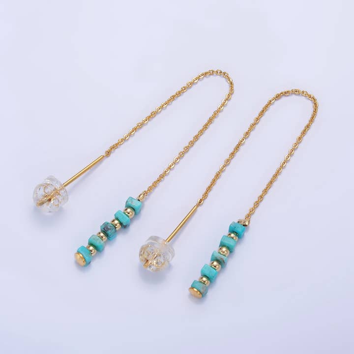 Aim Eternal - Wholesale Dangle Earrings - 16K Gold Filled Turquoise Gemstone Chain Threader Earrings