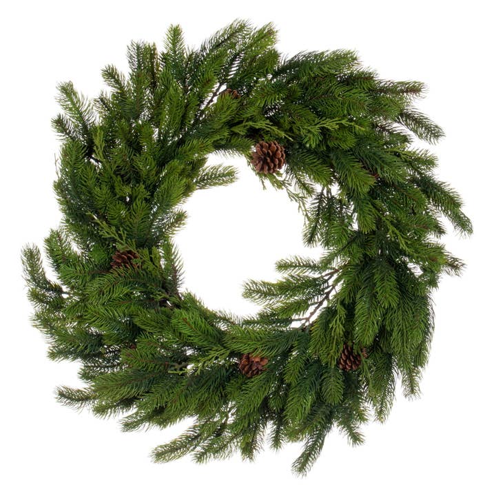Green Vickerman 28" Holiday Pine Wreath with Cones for wholesale on Faire