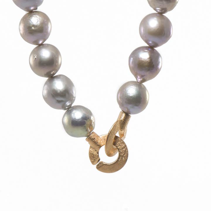 Joyla Jewelry - Wholesale Beaded/Pearl Necklace - Grey Pearl and Flame Post Barouqe Necklace Fair Trade 24K Gold Vermeil1