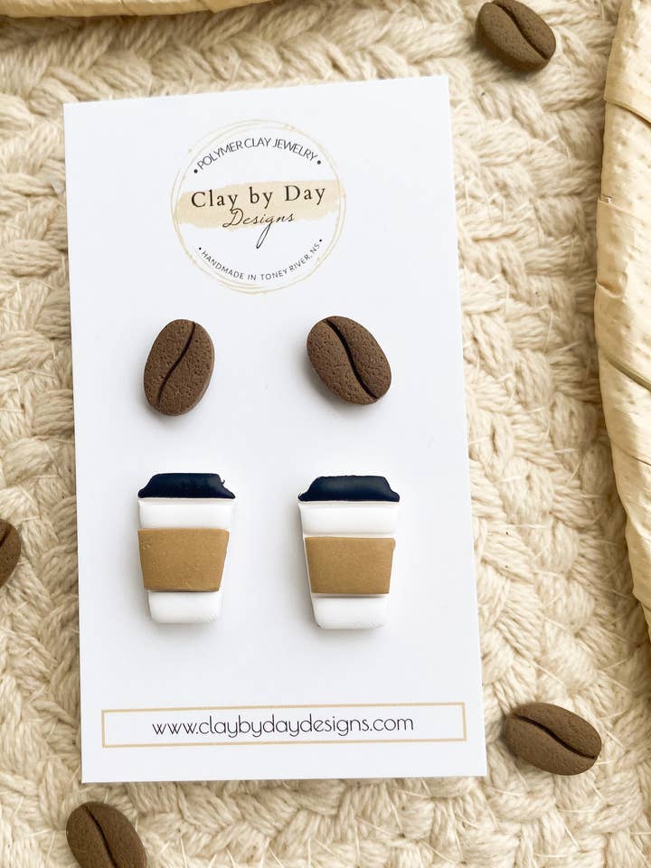 Coffee Cup & Coffee Bean Polymer Clay Stud Earrings Merch for wholesale by Clay by Day Designs