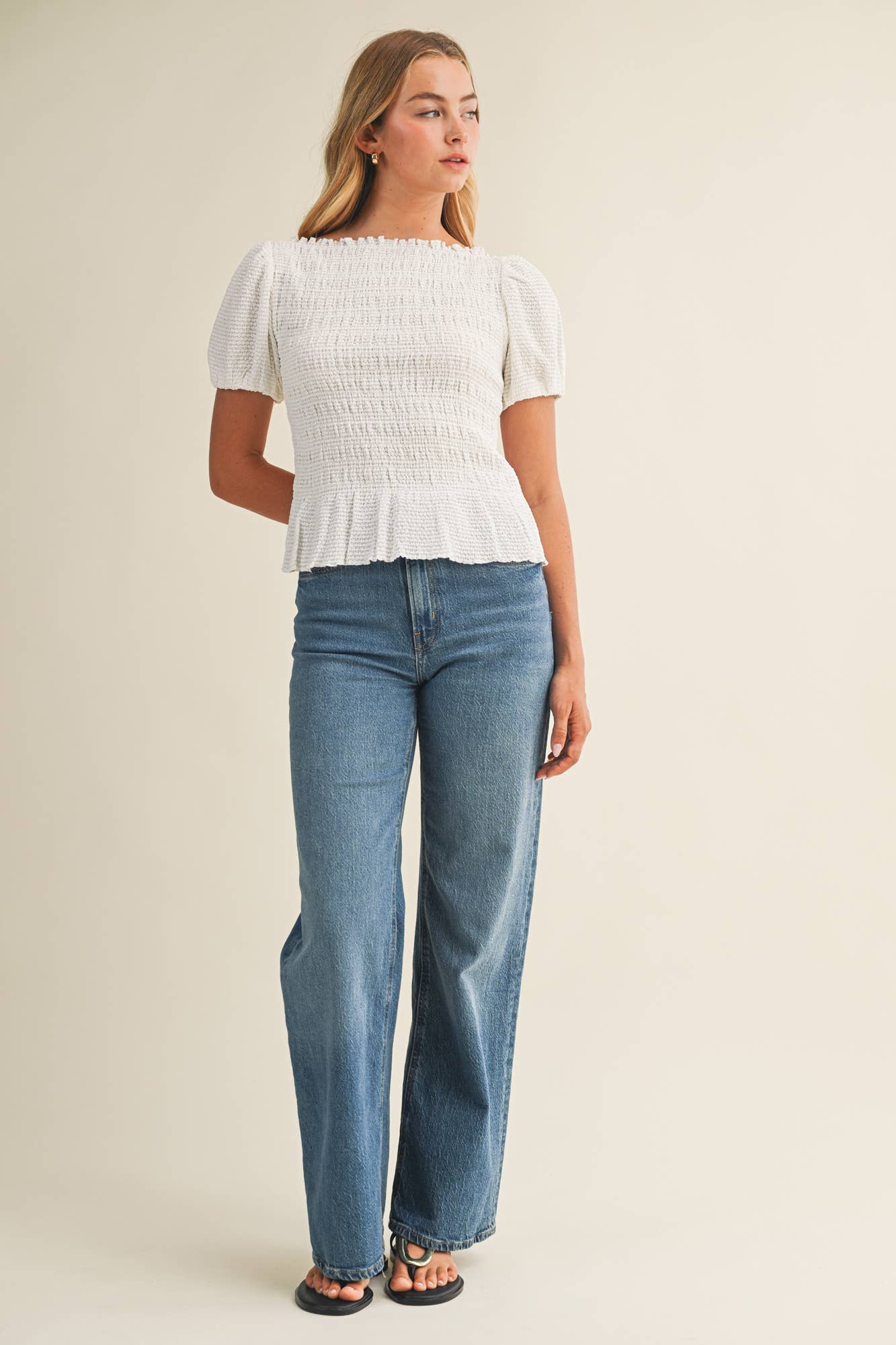 Mustard Seed - Wholesale Blouse - Women's - FLOCKED STRIPE SMOCKED PUFF SLEEVE TOP11