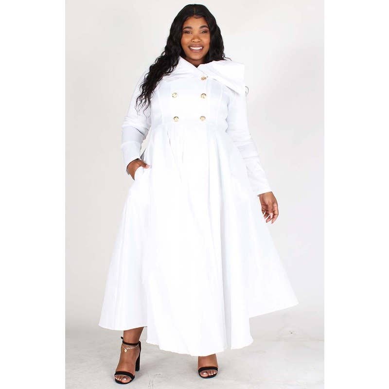 WHITE SOLID LONG SLEEVE GOLD BUTTON JACKET DRESS MAXI  for wholesale on Faire0