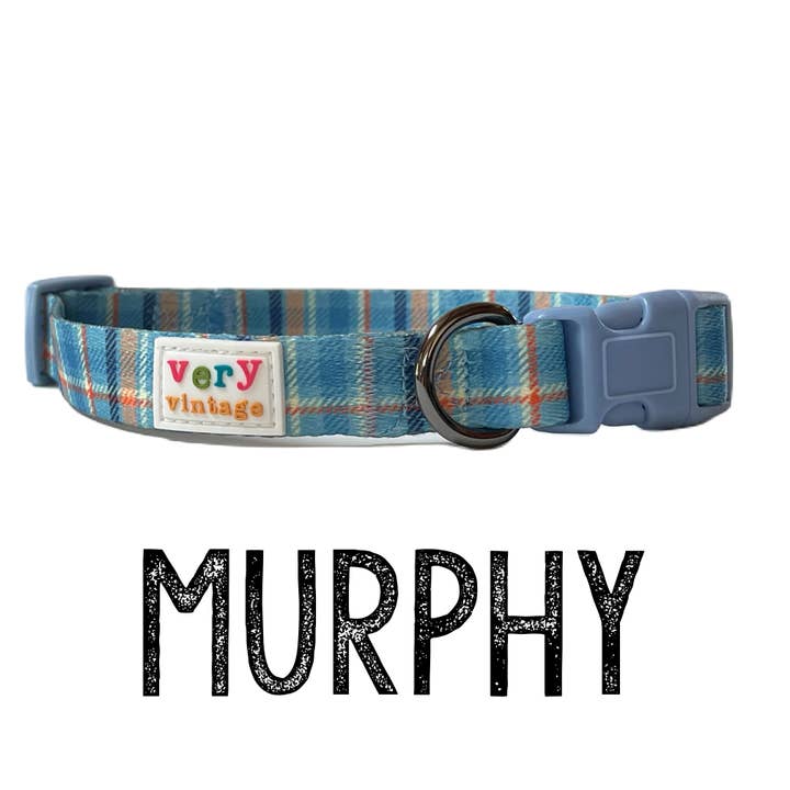 Very Vintage Designs - Wholesale Pet Collar - Dog - Murphy - Blue Orange Tartan Plaid Recycled Collar & Leash