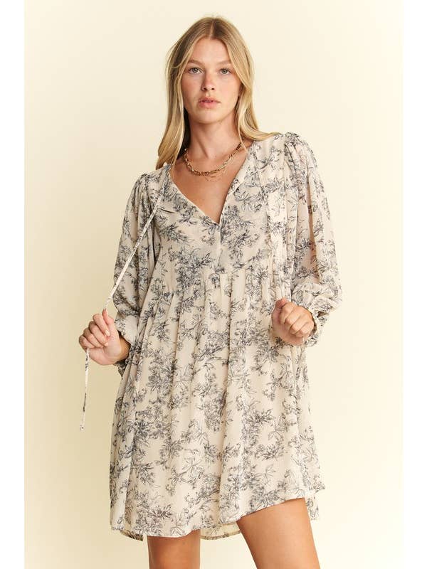 JADE BY JANE - Wholesale Dress - Women's - LINED 3/4 SLEEVE FLORAL CHIFFON BABYDOLL SHORT DRESS