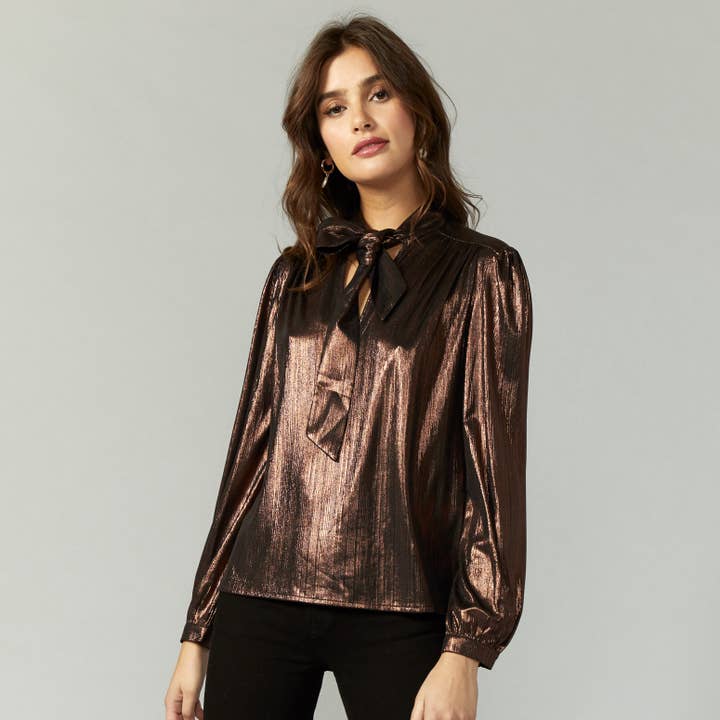 Greylin - Wholesale Blouse - Women's - Elicia Tie Neck Lamé Knit Blouse