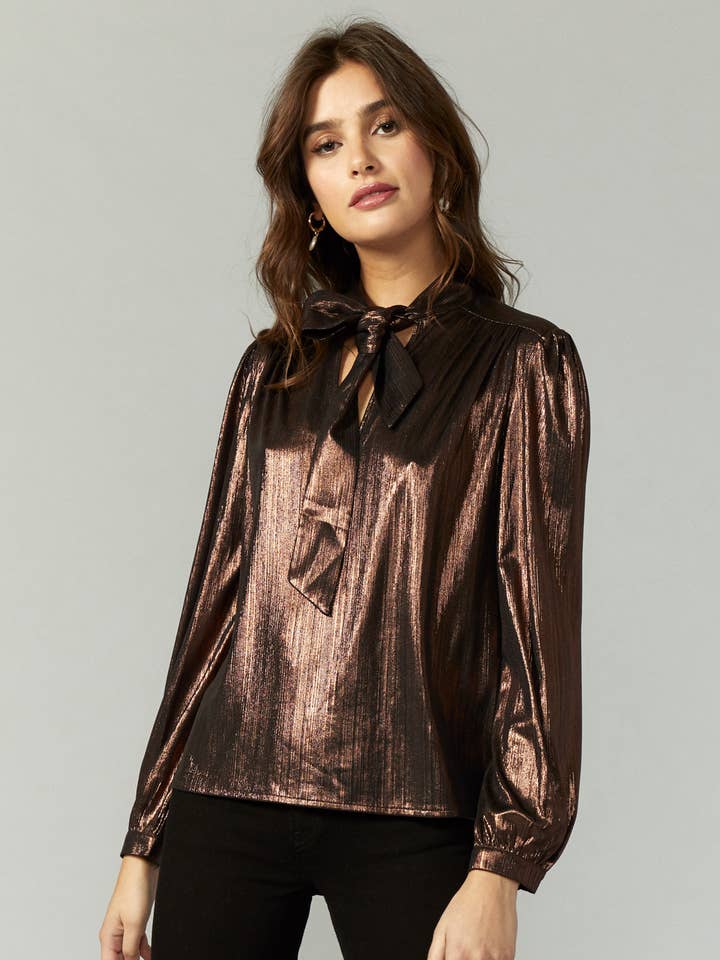 Elicia Tie Neck Lamé Knit Blouse for wholesale by Greylin