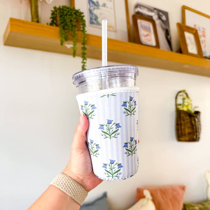 Oak Shore Collective LLC - Wholesale Drink Huggers & Koozies - Bellflowers and Stripes | Iced Coffee Sleeve
