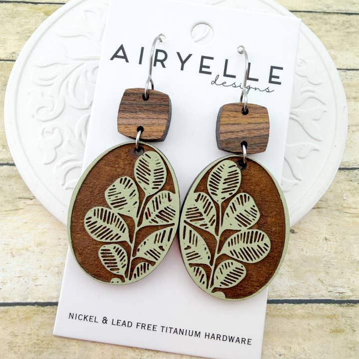Vintage Eucalyptus Hand Painted Wood Earrings - Titanium for Sensitive Ears for wholesale by Airyelle Designs