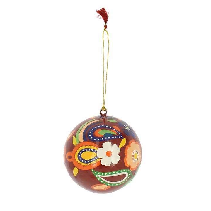 Fiona Walker England - Wholesale Christmas Decoration - Dark Red Paper Mache Bauble with paisley design