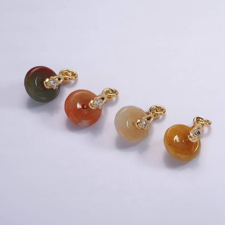 14K Gold Filled Mini Sunstone, Moss Agate, Red Aventurine, Crazy Lace Agate Round Donut CZ Charm | AC823 - AC826 for wholesale by Aim Eternal