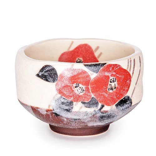 Red Flower Mini Matcha Bowl 8oz 3.75"D x 1.5"H Porcelain for wholesale by Urban Tokyo