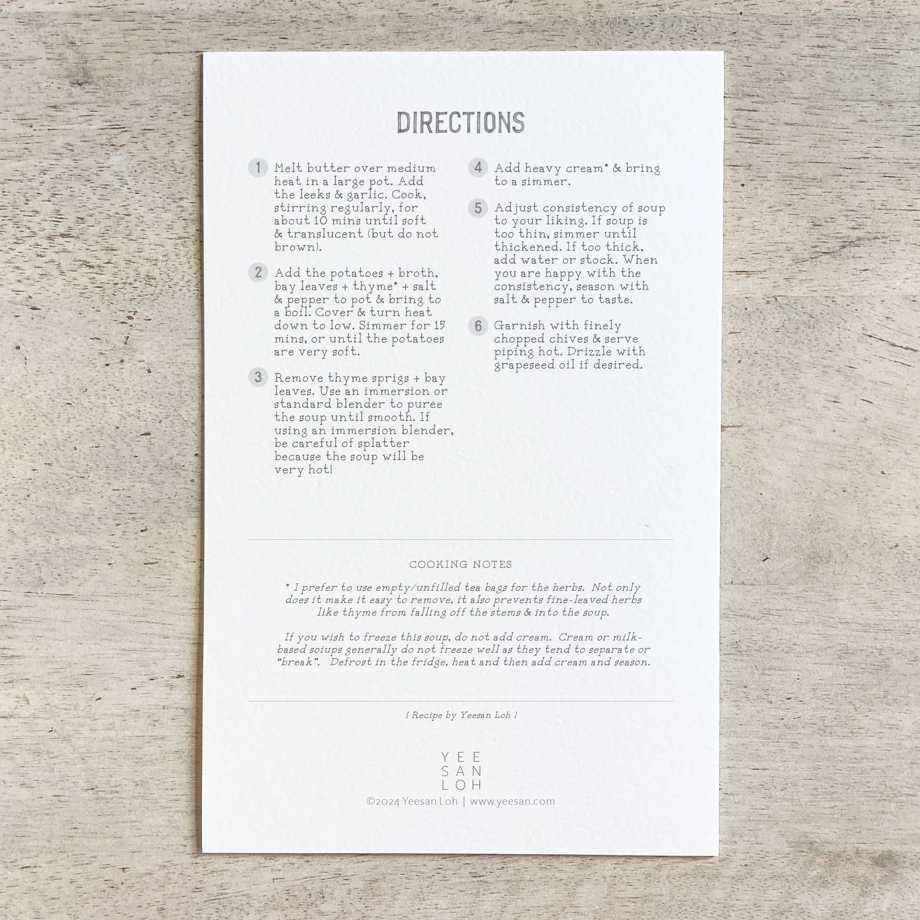 Yeesan Loh - Wholesale Recipe Card - Recipe Card / Potato & Leek Soup1