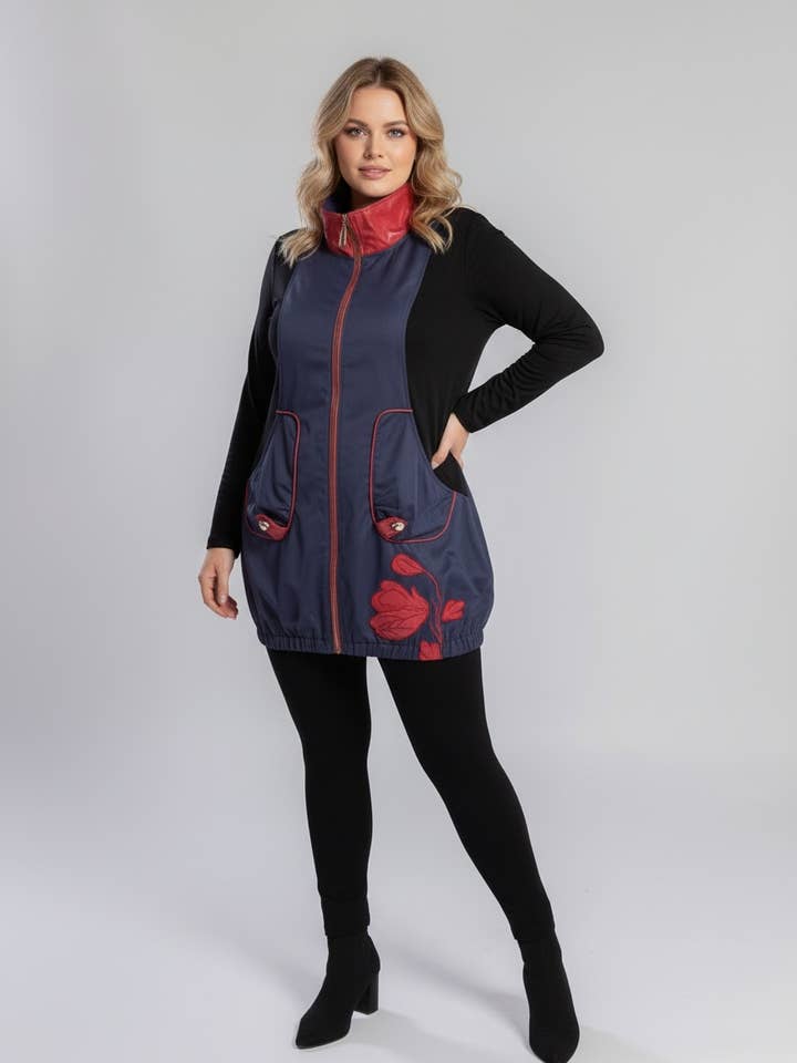 Zweifarbige Tunika mit blauem Stehkragen (A619) für den Großhandel von Pomme Rouge Paris