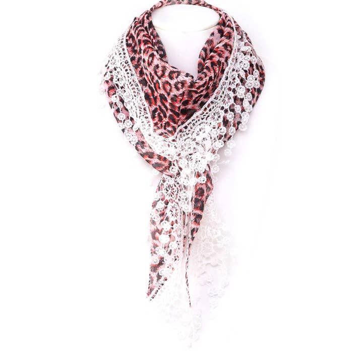 Driehoekige sjaal met luipaardprint en kanten rand voor wholesale door LA Jewelry Plaza