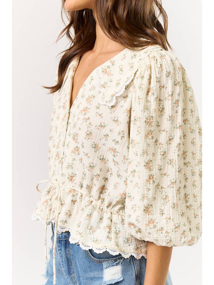 CREAM ILT2370-2 3/4 Puff Sleeve Lace Trim Floral Blouse for wholesale on Faire