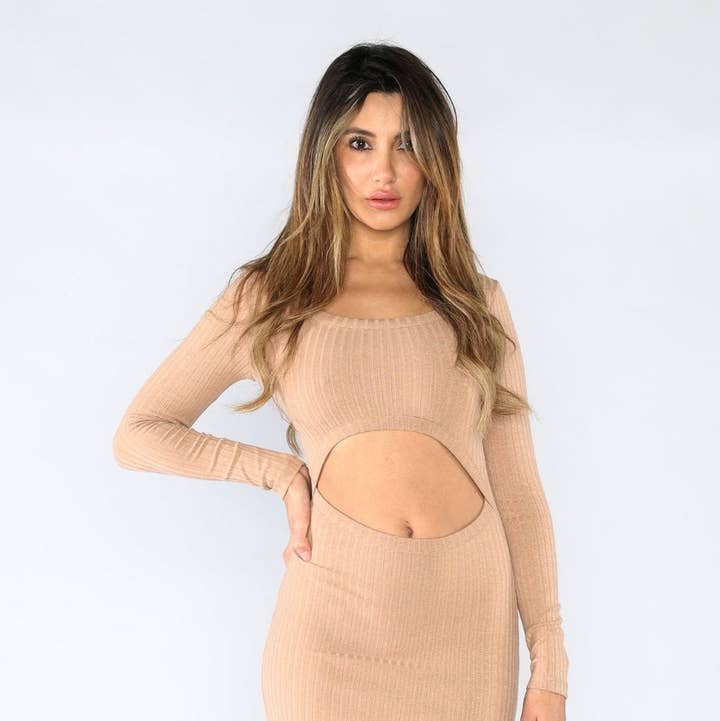 Midriff cutout Long Sleeve Mini Dress (Nude) for wholesale by Makers of Dreams