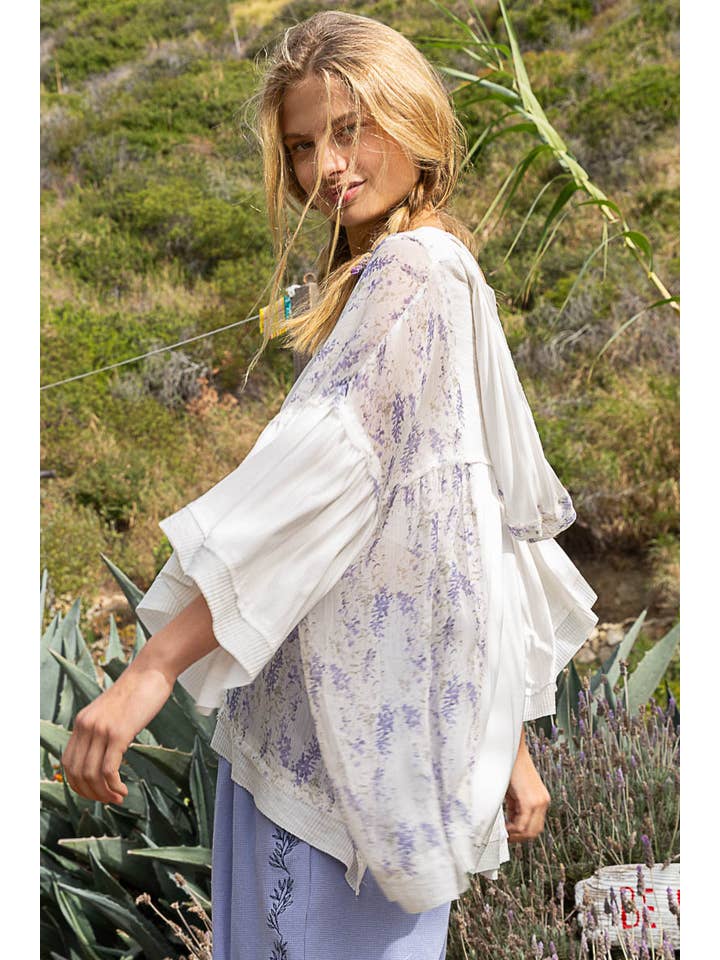 Pol Clothing - Wholesale Knit Top - Women's - Oversize V-neck bell sleeve floral print hoodie knit top