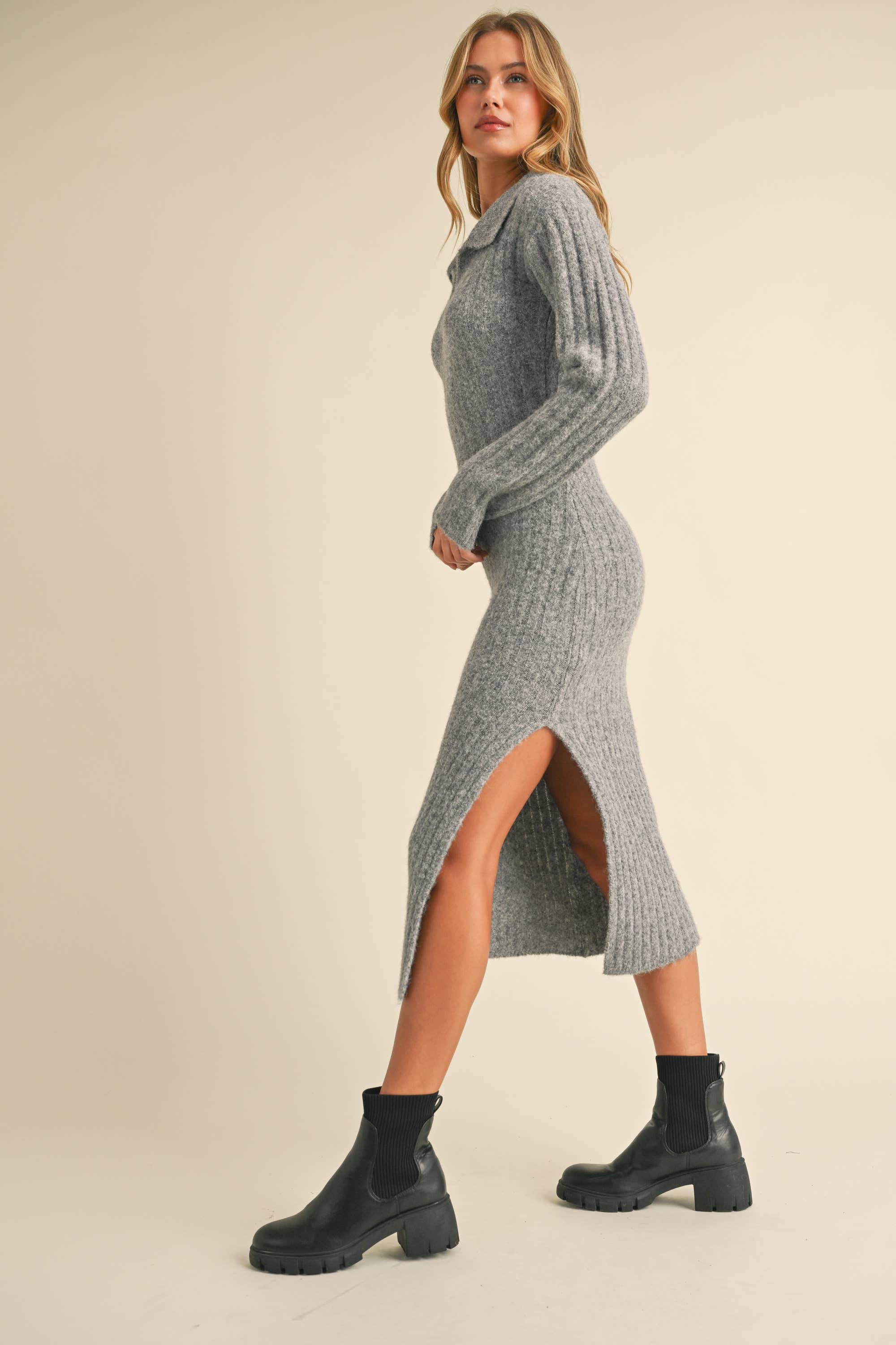 Klesis - Wholesale Dress - Women's - ID8811 COLLAR SWEATER MIDI DRESS WITH LONG SLEEVES6