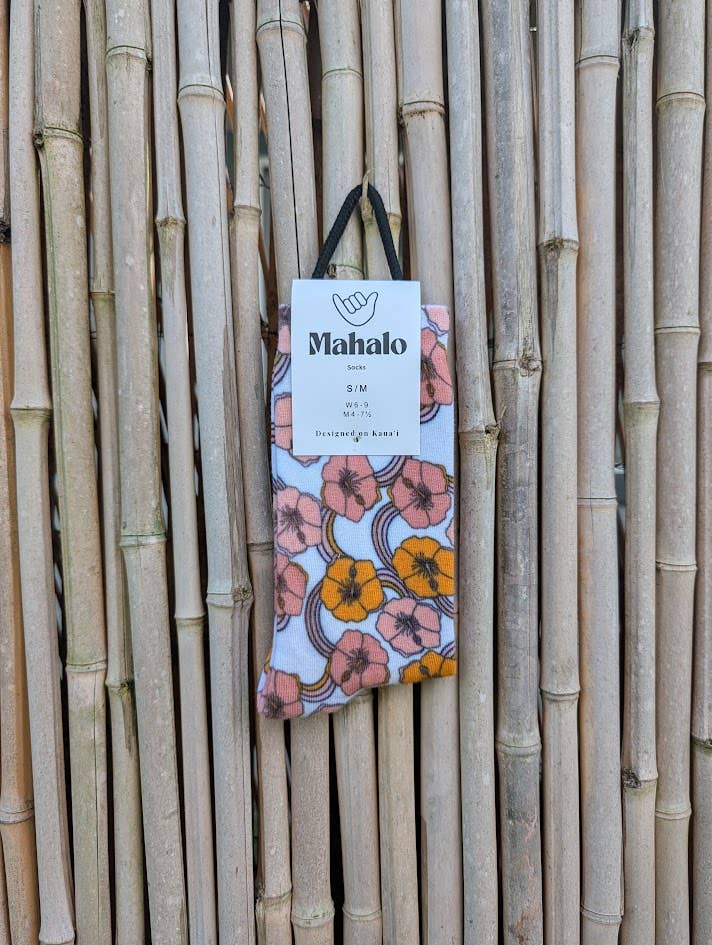 Koloa Farms - Wholesale Socks - Unisex - Retro Hibiscus Socks - Hawaiian Print Socks - Pink Flower