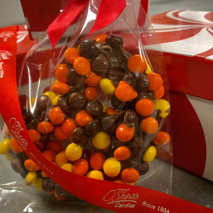 O'Shea's Candies Sweet Shop - Wholesale Chocolate Covered Sweets - Gourmet Mini Reese Pieces Individual Jumbo Pretzel 🥨 w/ Bow1