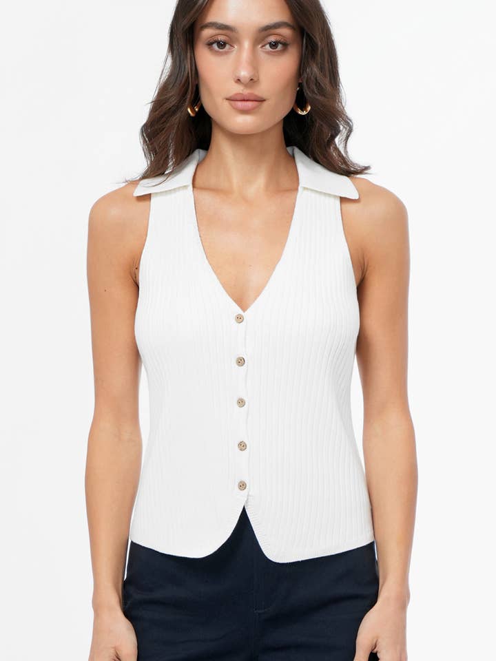 Tatiana Button Front Collared Knit Vest for wholesale by Greylin