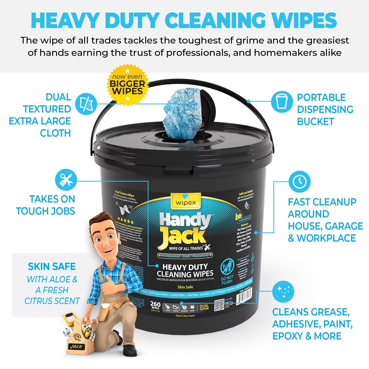 Wipex - Wholesale Cleaning Cloth - Wipex® Handy Jack® Heavy Duty Cleaning Wipes 260ct | Bulk Value Bucket1