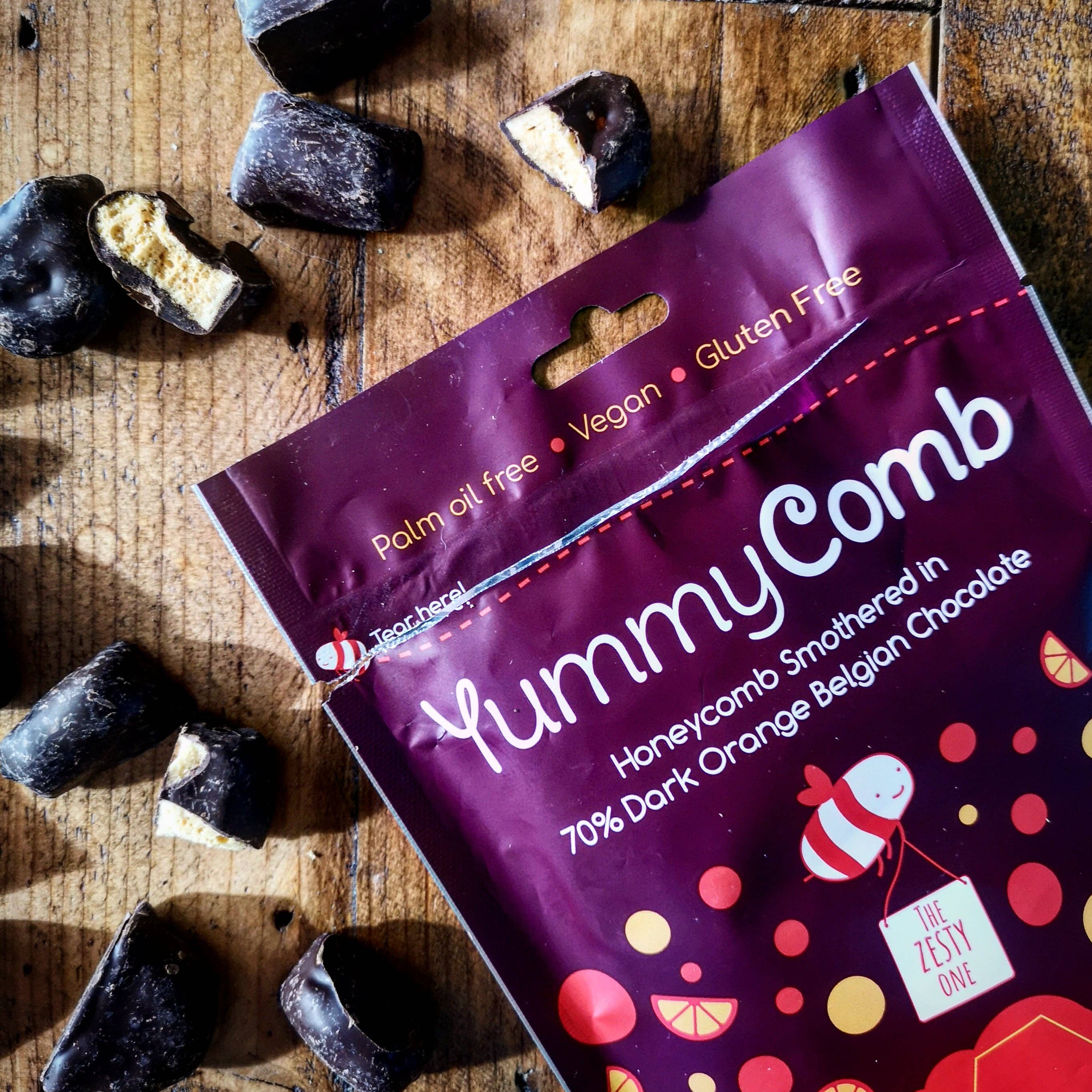 Yummycomb - Wholesale Chocolate Covered Sweets - 6 x 70% Dark Orange Belgian Chocolate Honeycomb pouches 100g6
