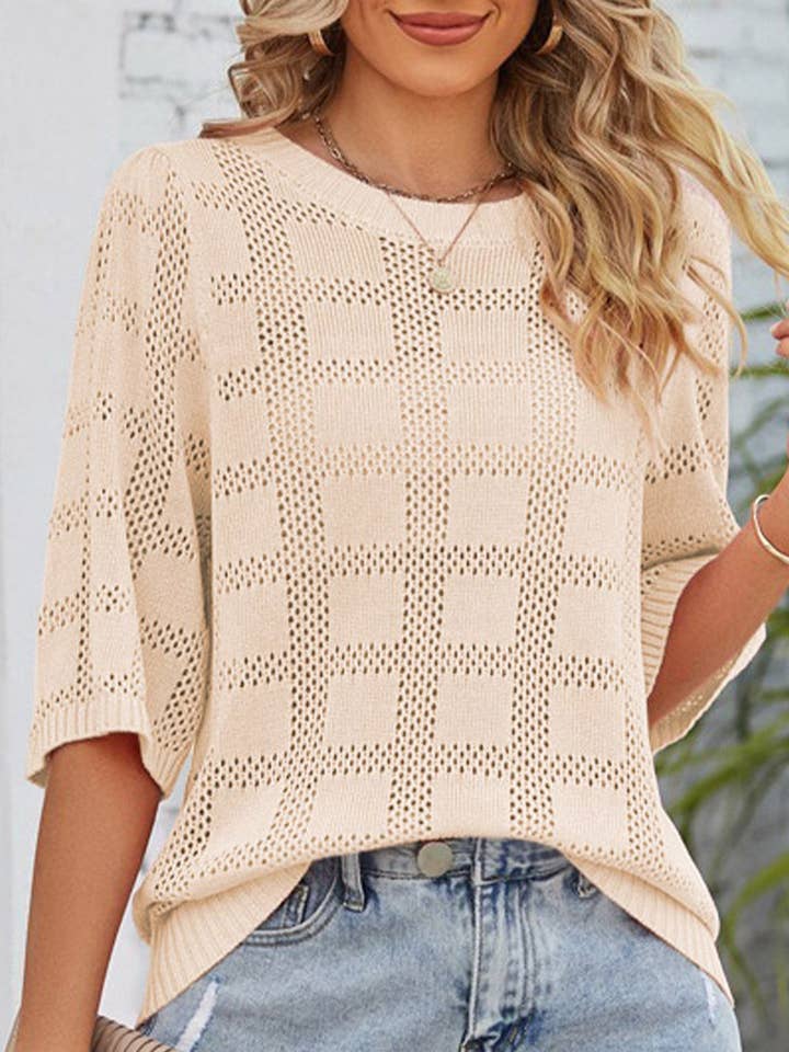 Abrikoos Ruitpatroon Gehaakte Gebreide Korte Mouw Trui voor wholesale door Sweet Lover Fashion