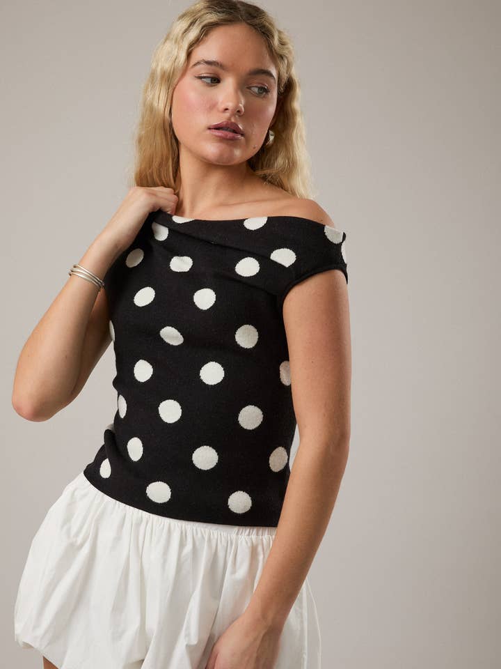 POLKA DOT DETAIL ASYMMETRICAL NECK SWEATER TOP for wholesale by LE LIS