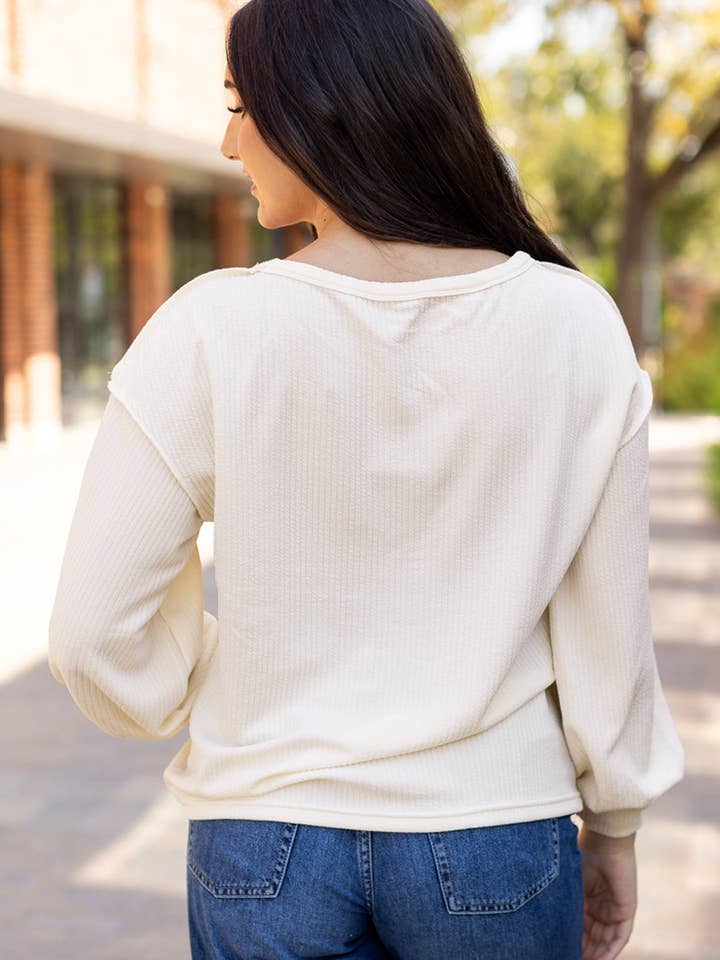 White Corded Exposed Seam Knit Patchwork Drop Sleeve Top for wholesale on Faire1