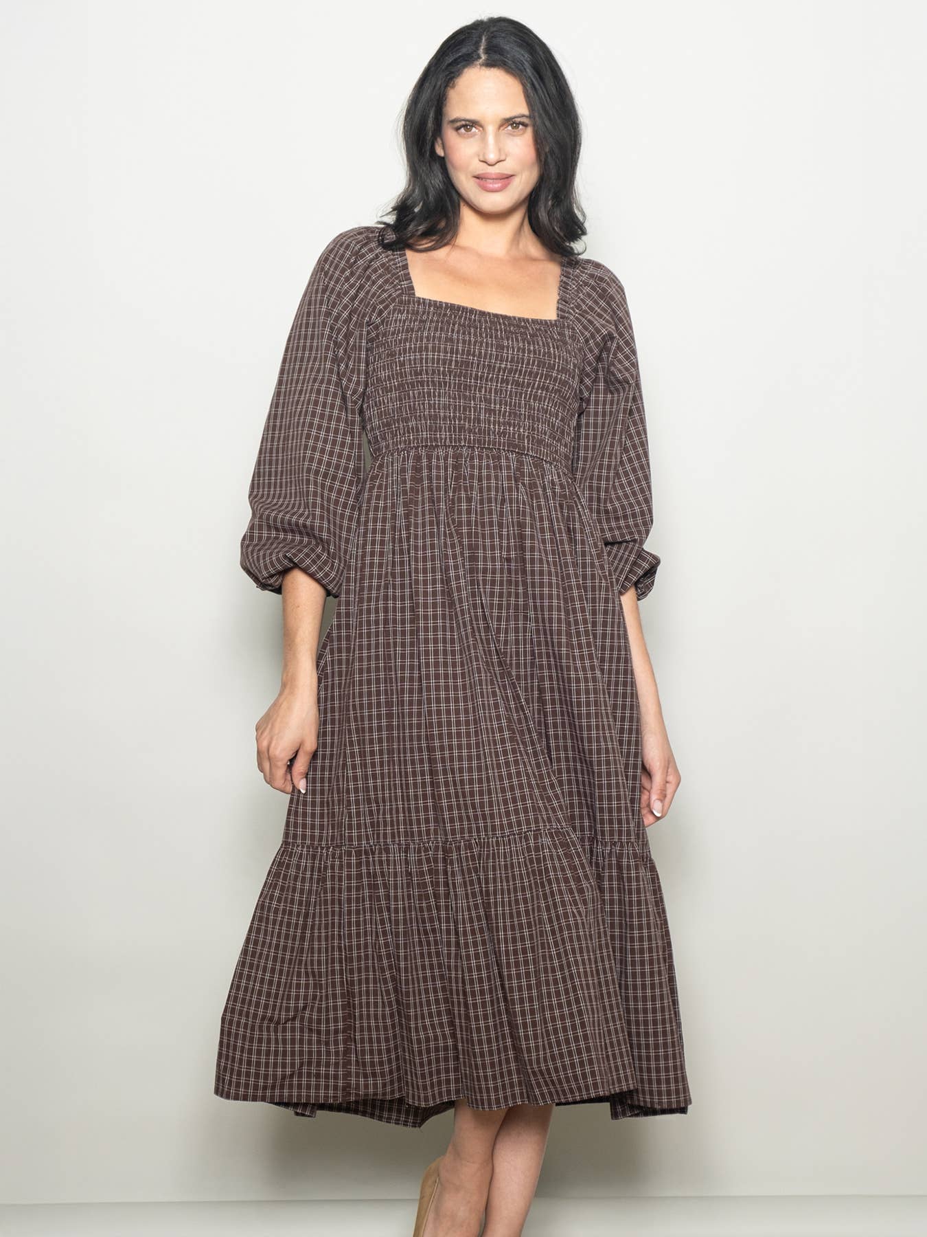 Elloh Collection - Wholesale Dress - Women's - Square Neck Checkered Plaid Smocked Chest Cotton Maxi Dress0