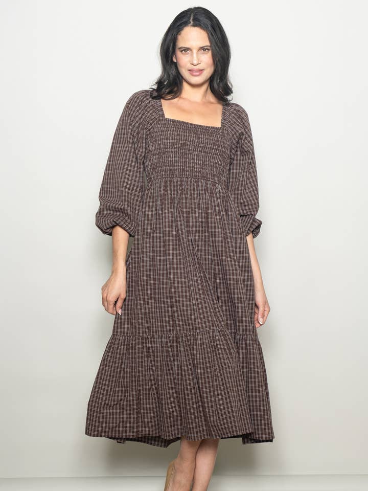 Elloh Collection - Wholesale Dress - Women's - Square Neck Checkered Plaid Smocked Chest Cotton Maxi Dress