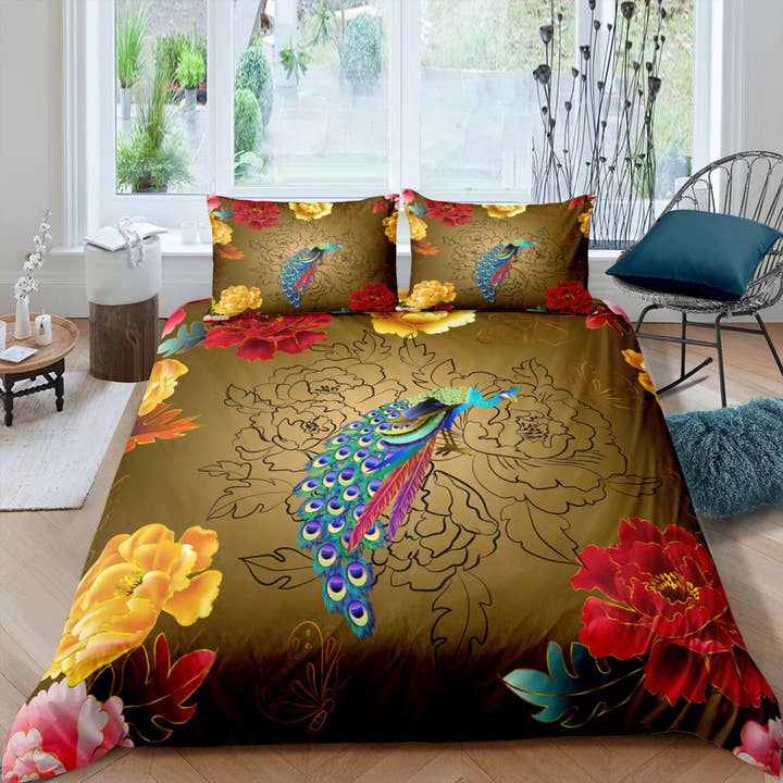 Floral Prints and Peacock Decor Aesthetic Bedding Set Full, Luxury Duvet Cover Queen, King, Boho Duvet, Designer Bedding, Maximalist for wholesale by daintyduvet