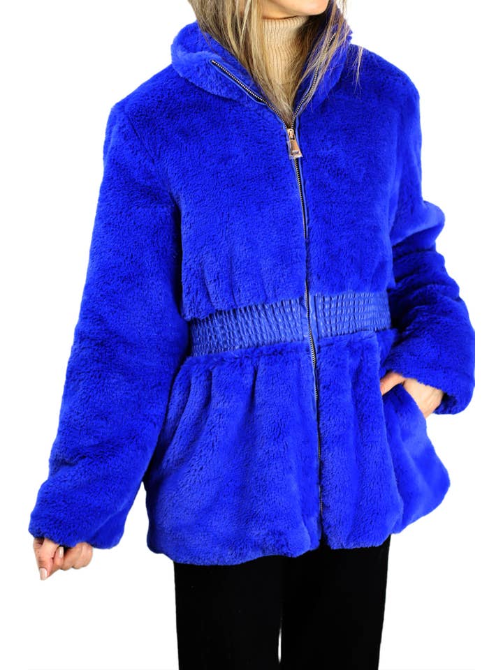 La Fiorentina - Wholesale Jacket - Women's - Plush Faux Fur Cinched Waist Jacket - Royal Blue