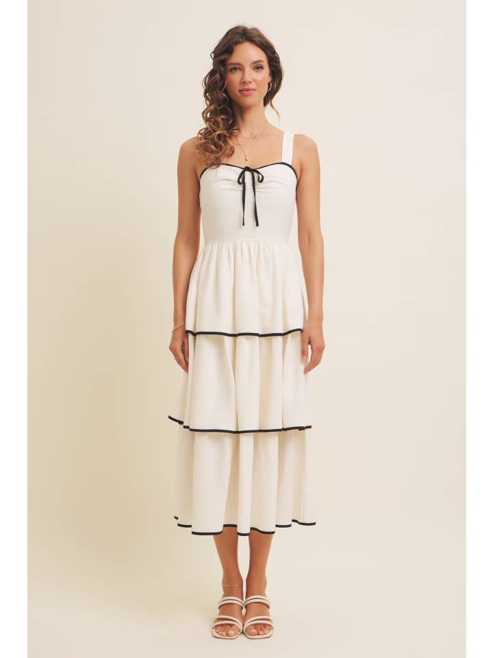 in february - Wholesale Dress - Women's - CONTRAST BINDING WITH BOW MIDI DRESS IN TIERED RUFFLES