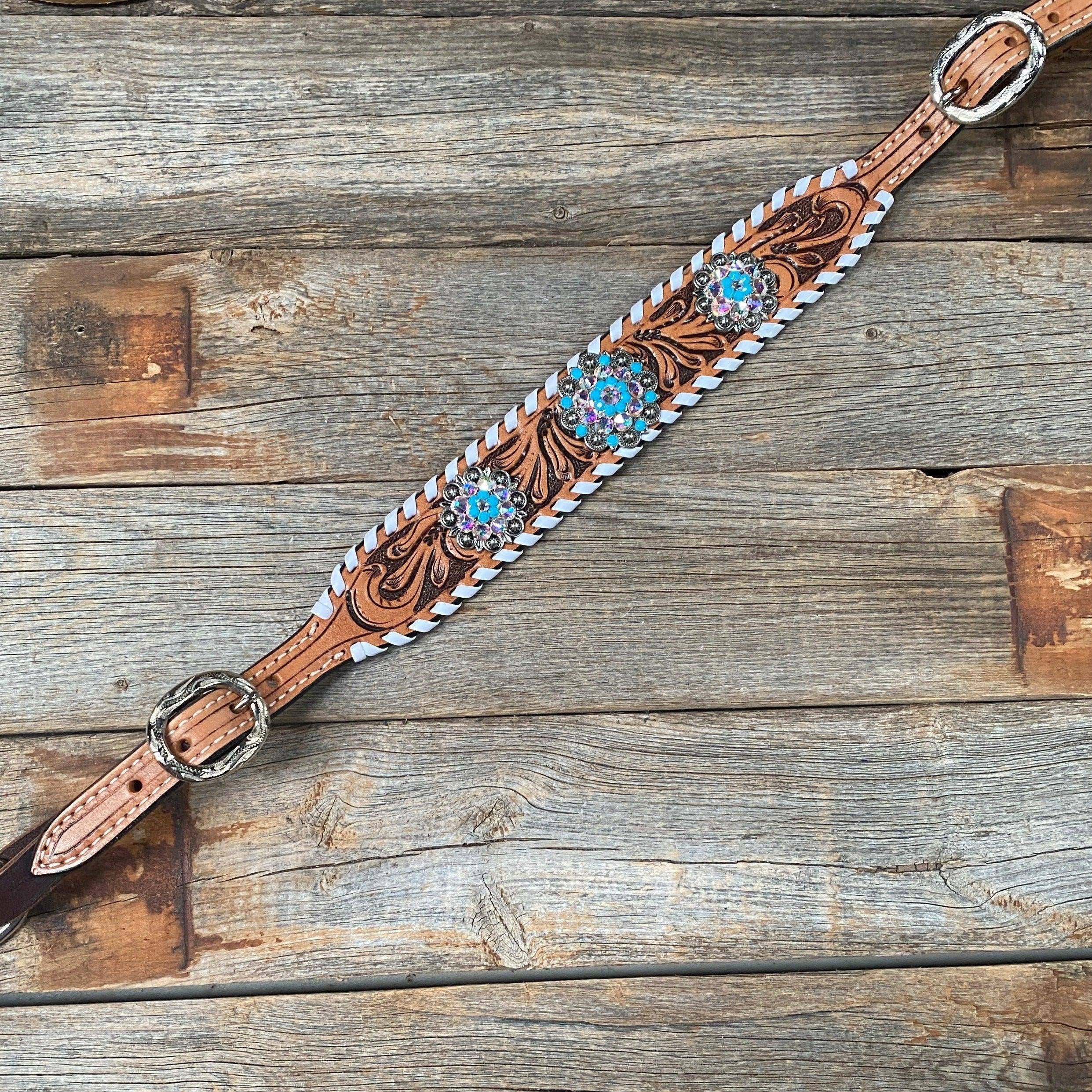 Rodeo Drive - Wholesale Horseback Riding Gear - Whipstitch Turquoise & AB Browband/One Ear Tack Set with Wither Strap  #BBBC46312