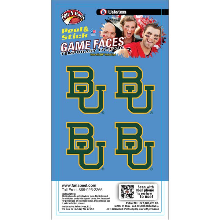 Baylor Game Faces® Temporary Tattoos for wholesale by Fanapeel / Gamefaces