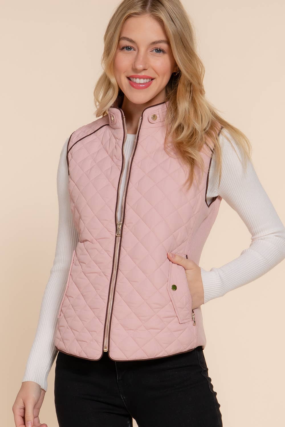 Active Basic | Active USA - Wholesale Outerwear Vest - Women's - Suede Piping Detail Rib Quilted Padding Vest22
