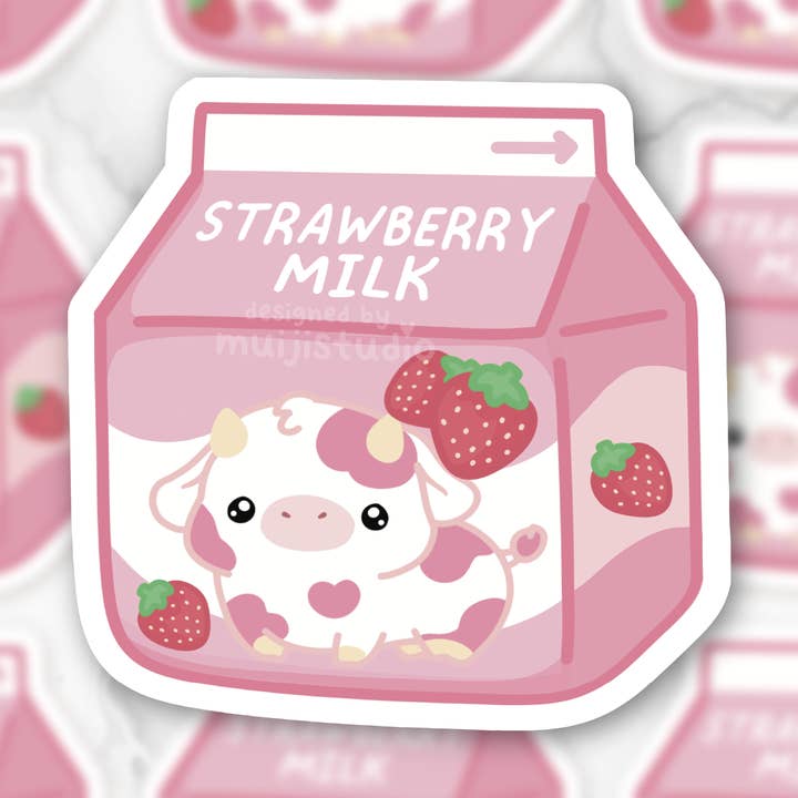 Cute Strawberry Cow Milk Sticker, milk lover, dairy lover for wholesale by Muijistudio